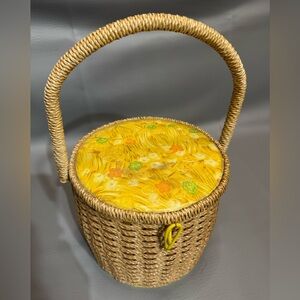 Yellow Oval Woven Wicker Dritz Sewing Basket With Floral Lid Made In Japan
